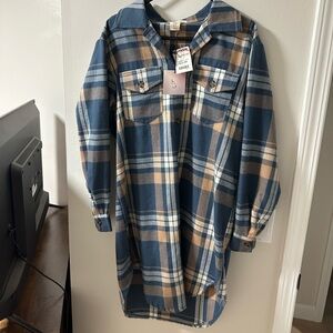 Blue and Tan Plaid Button Down Dress